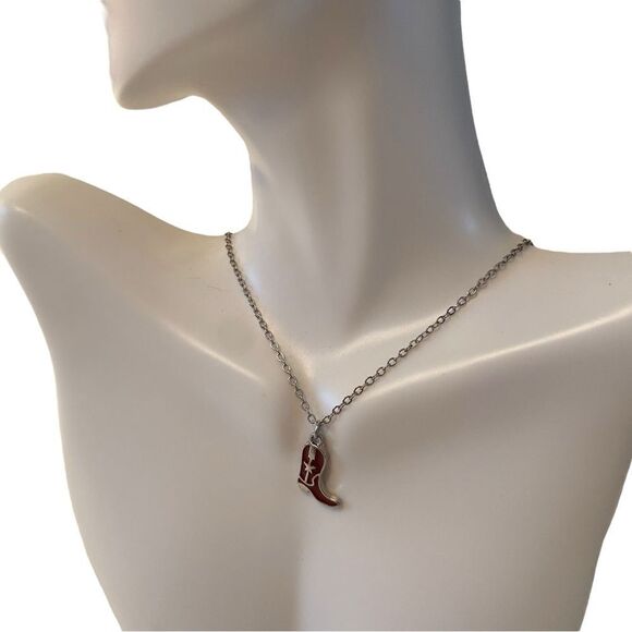 Red & Silver Cowboy Boot Mini Pendant on Silver tone Chain. - Picture 3 of 6